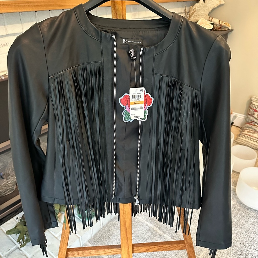 BNWT soft pleather black INC jacket with gorgeous real leather fringe.